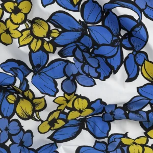 Large Floral Print Japanese Cotton Lawn - White + Periwinkle + Black + Yellow