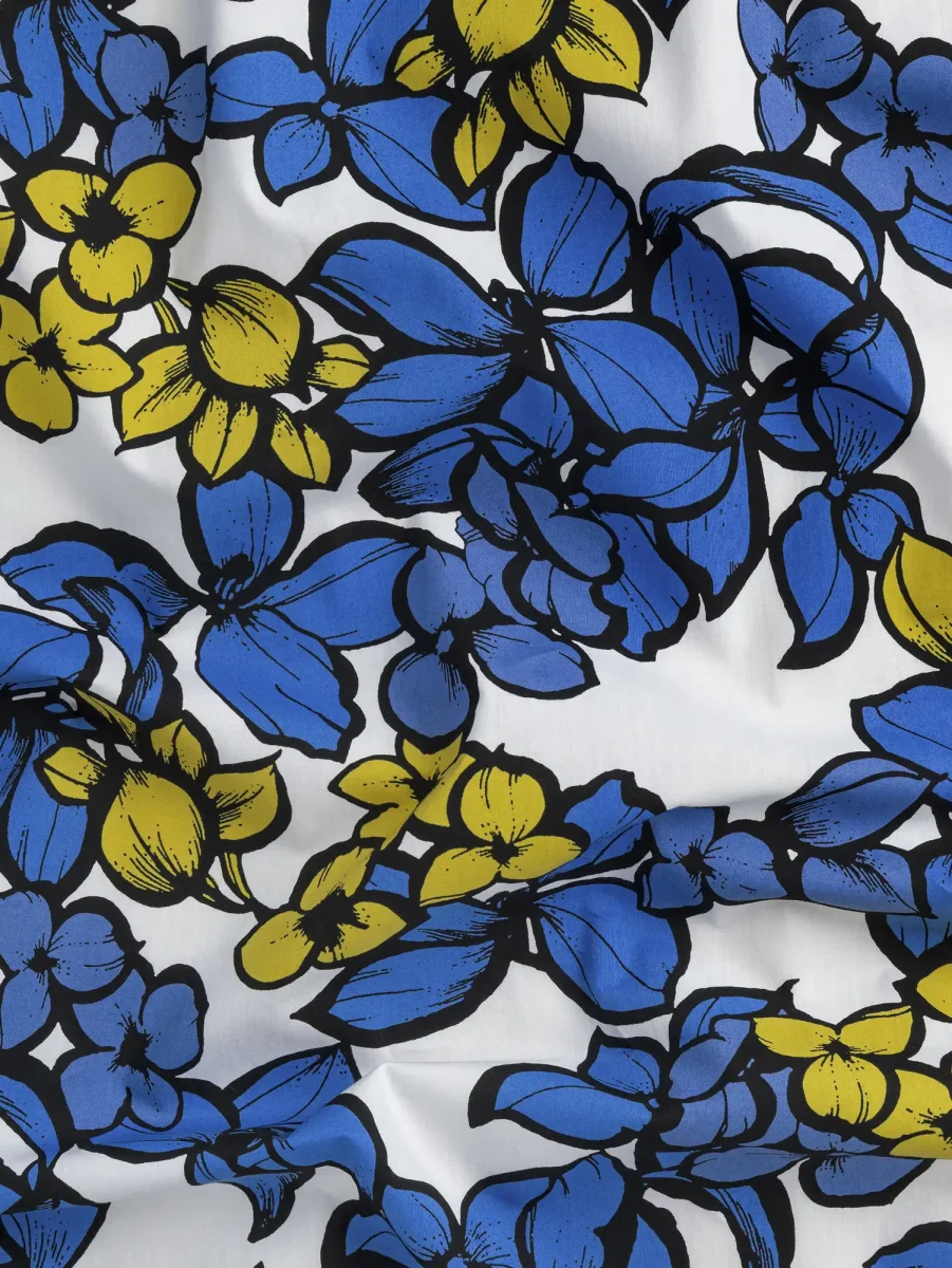 Large Floral Print Japanese Cotton Lawn - White + Periwinkle + Black + Yellow