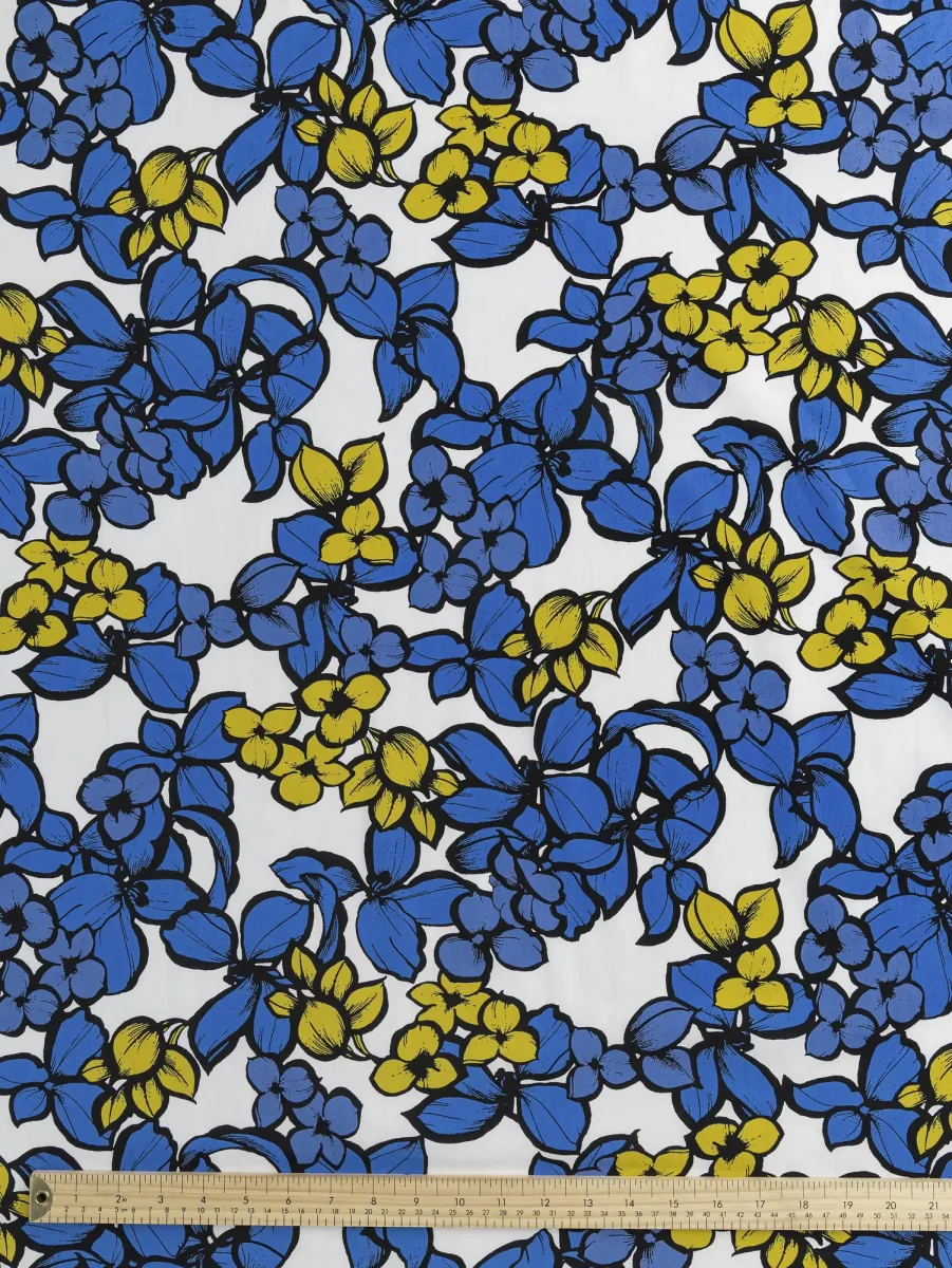 Large Floral Print Japanese Cotton Lawn - White + Periwinkle + Black + Yellow - Swatch – Image 2