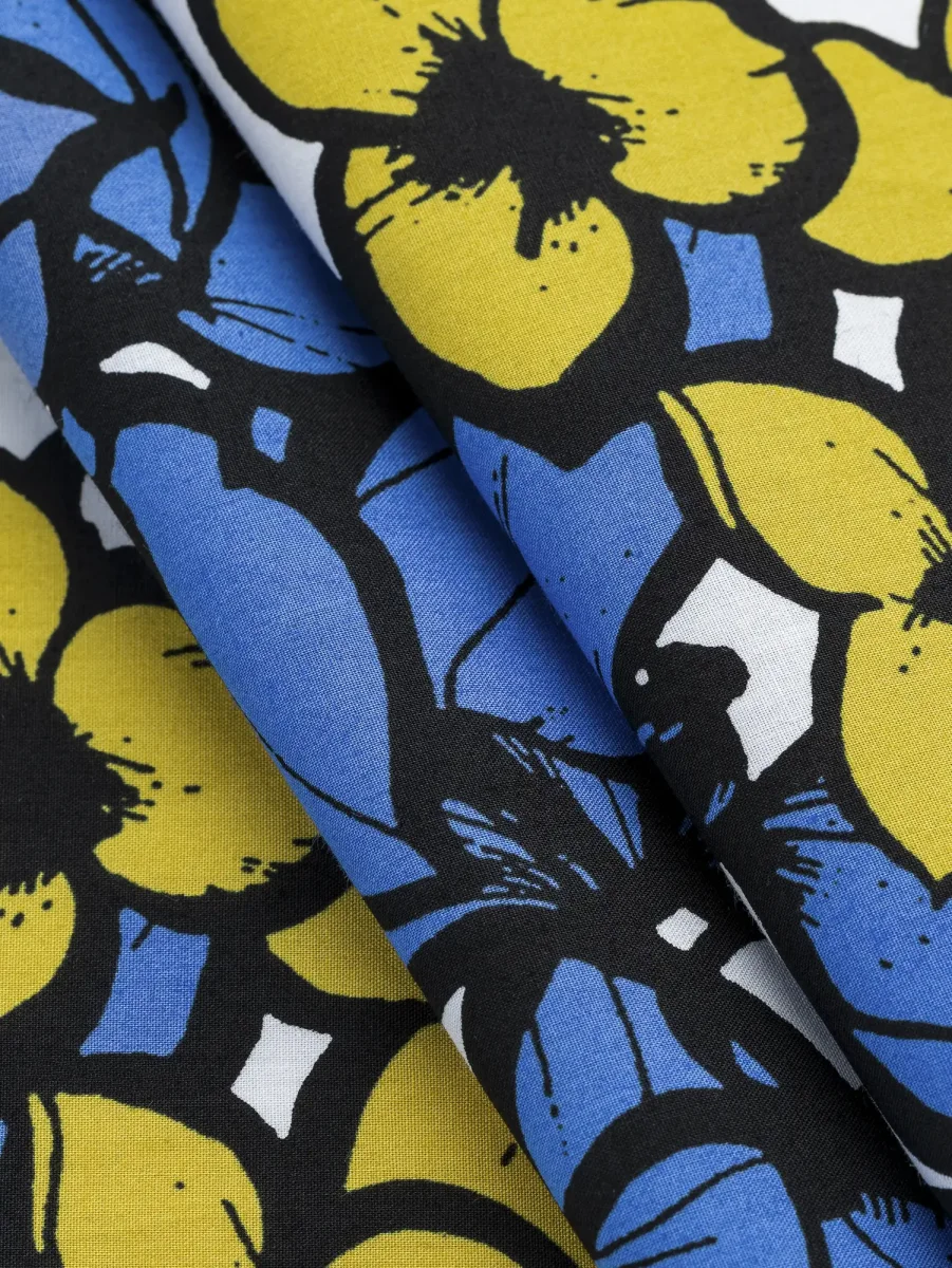 Large Floral Print Japanese Cotton Lawn - White + Periwinkle + Black + Yellow – Image 3