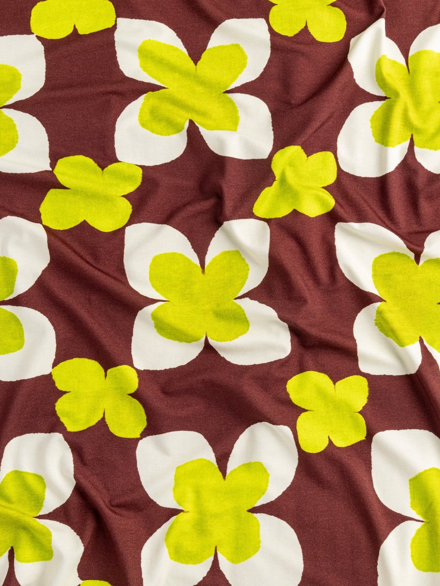 Large Flower Pop Print Viscose Knit - Mahogany + Cream + Chartreuse - Swatch – Image 4