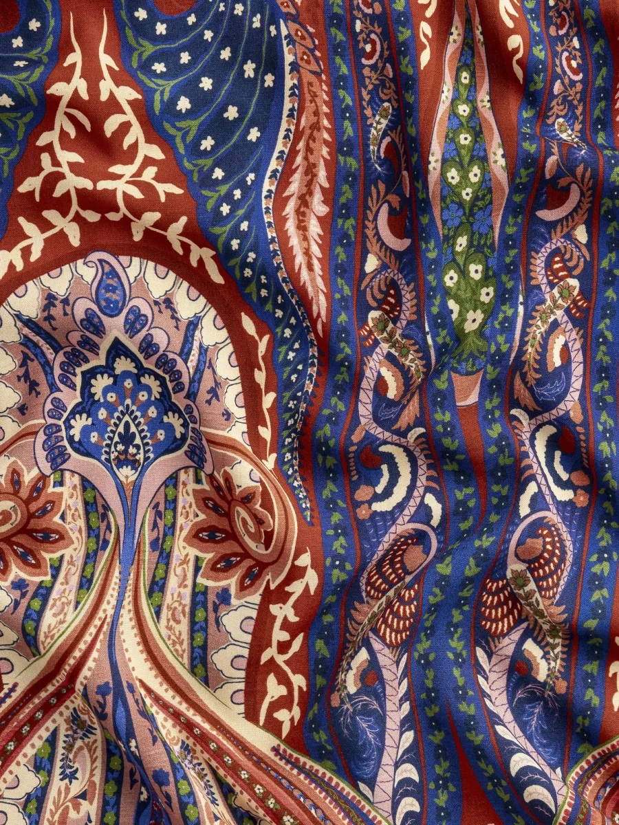 Large Folk Print Ecovero Viscose - Red + Blue + Cream – Image 2