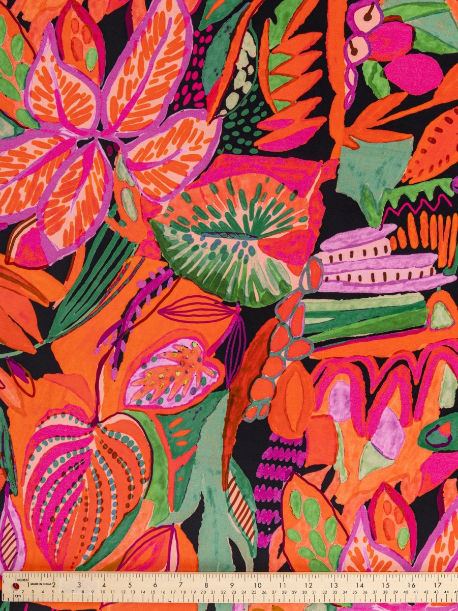 Large Tropical Print Ecovero Viscose - Black + Red + Green – Image 5