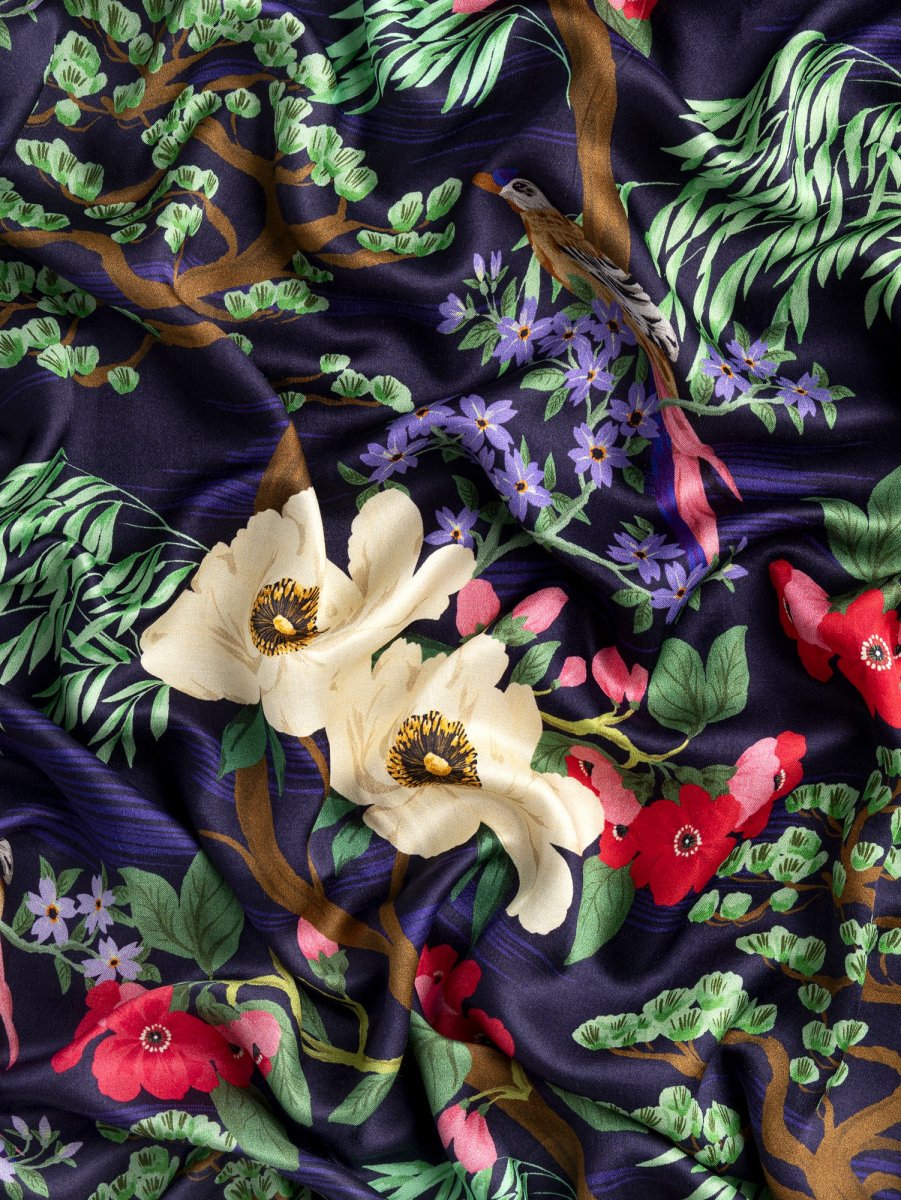 Magnolia Bird Print Viscose Silk - Indigo + Magenta