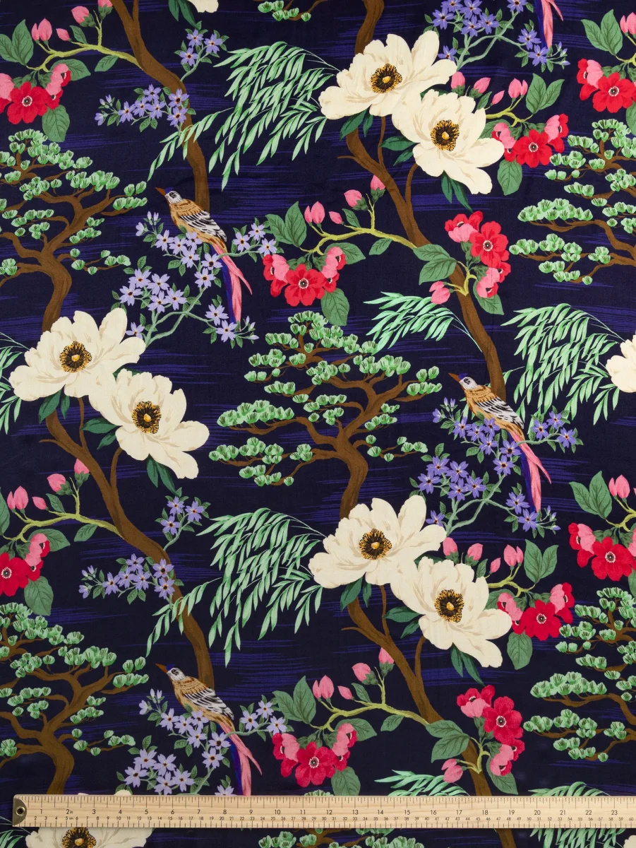 Magnolia Bird Print Viscose Silk - Indigo + Magenta – Image 4