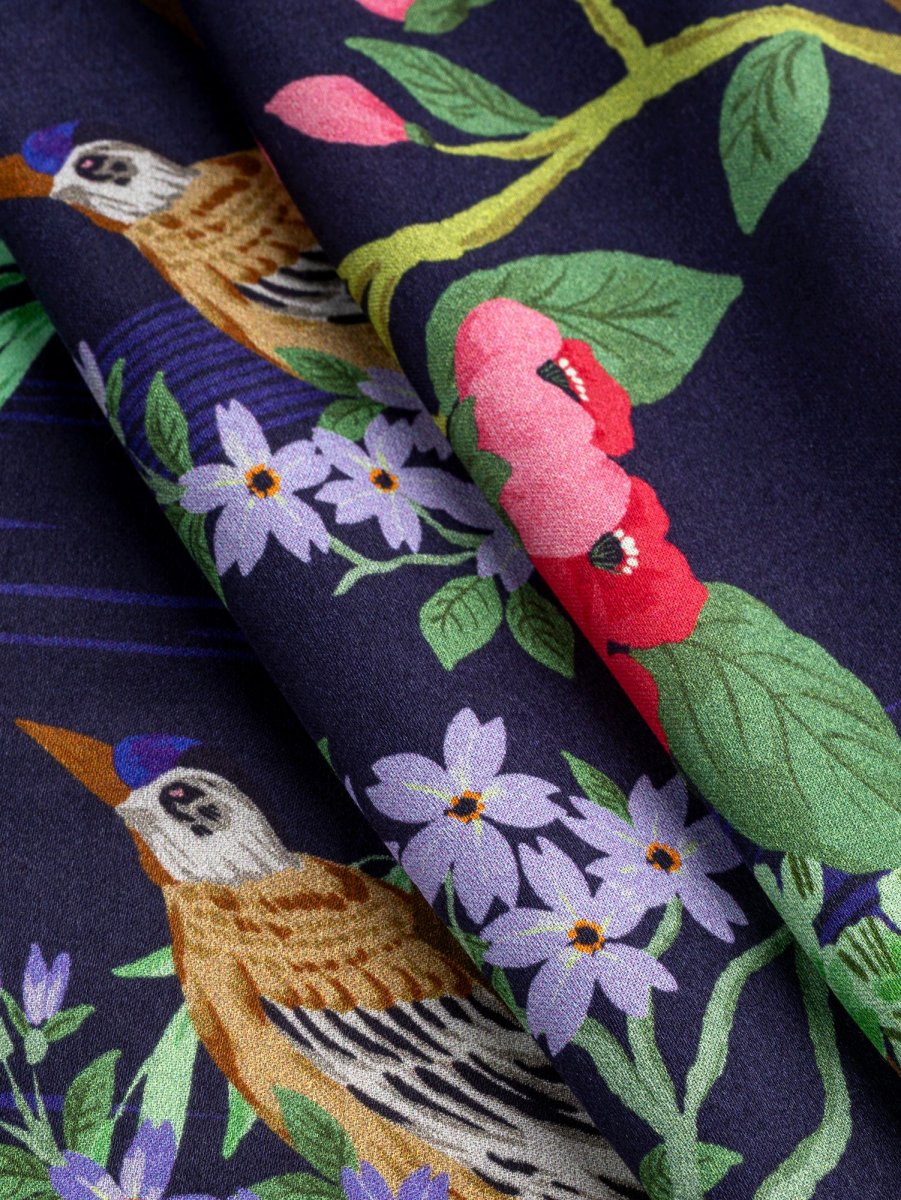 Magnolia Bird Print Viscose Silk - Indigo + Magenta – Image 3
