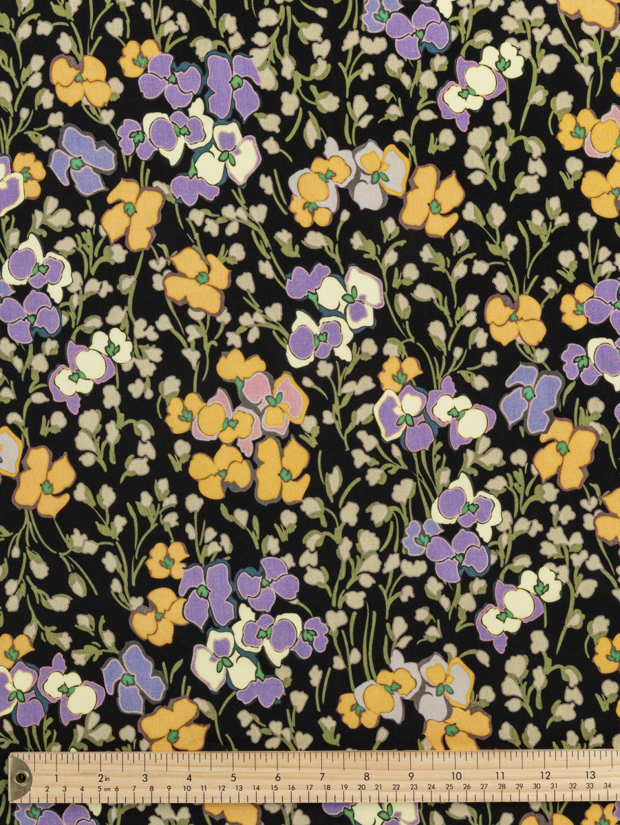 Orchids Lilies Of The Valley Print Cotton Sateen - Black + Purple + Green + Orange – Image 4