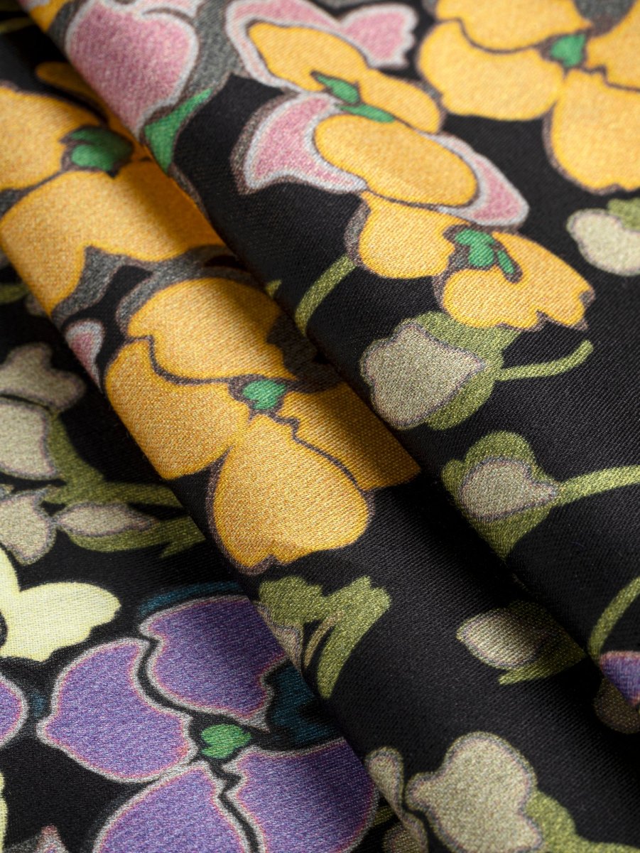 Orchids Lilies Of The Valley Print Cotton Sateen - Black + Purple + Green + Orange – Image 3