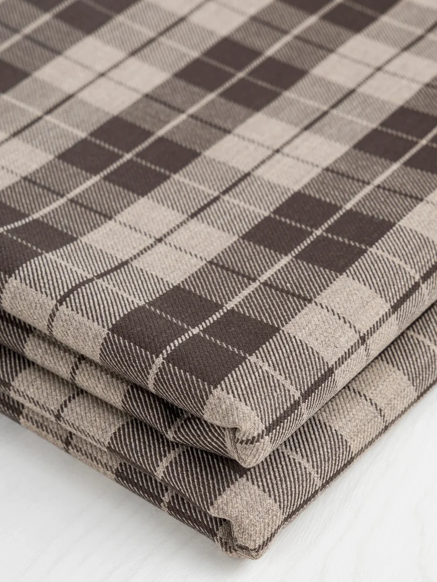 Plaid Italian Wool Stretch Suiting Deadstock - Brown + Tan