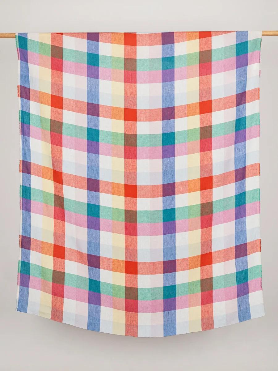 Rainbow Check European Linen - Emerald + Sapphire + Ruby + White - Swatch – Image 2