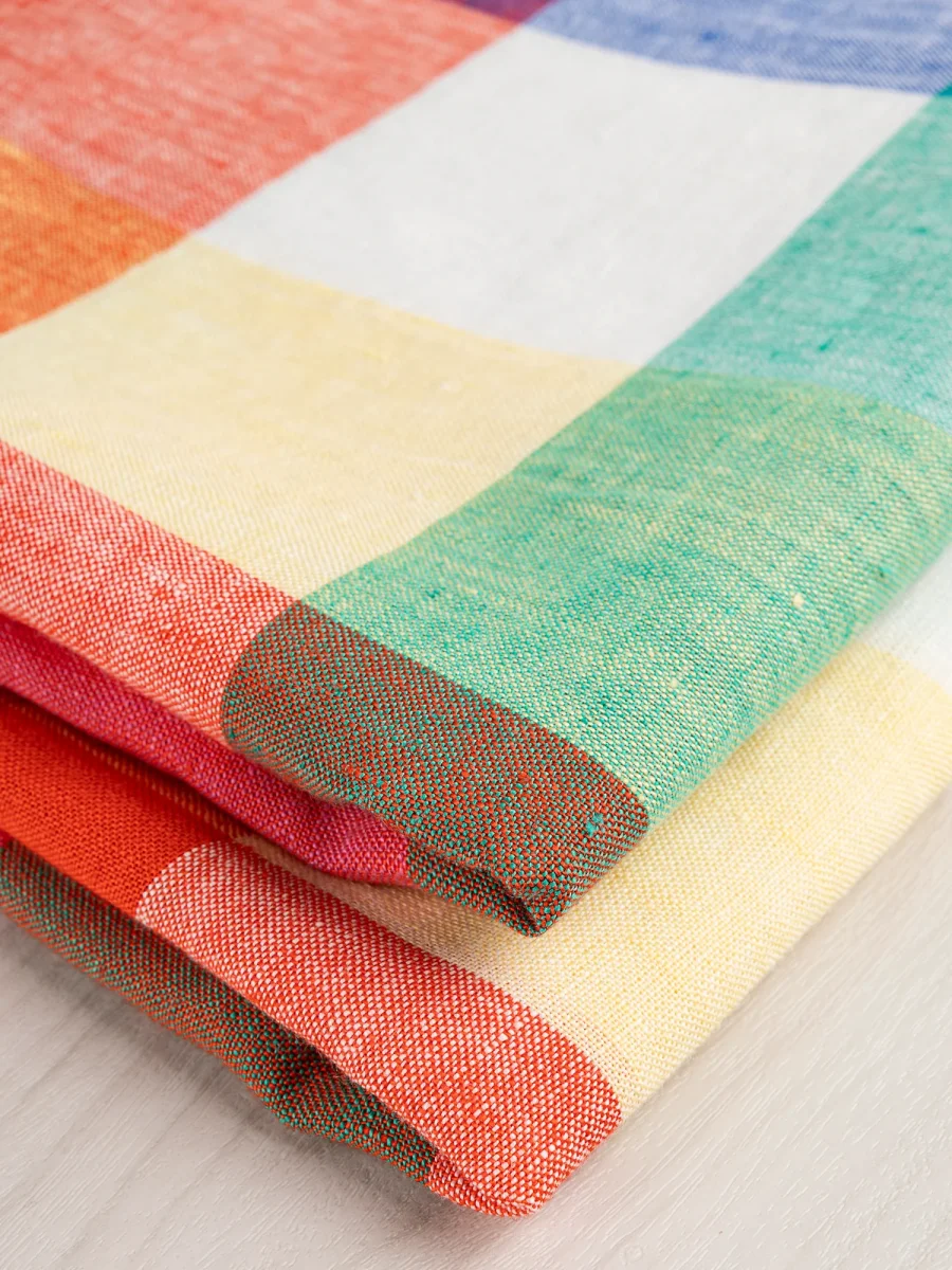 Rainbow Check European Linen - Emerald + Sapphire + Ruby + White - Swatch – Image 3