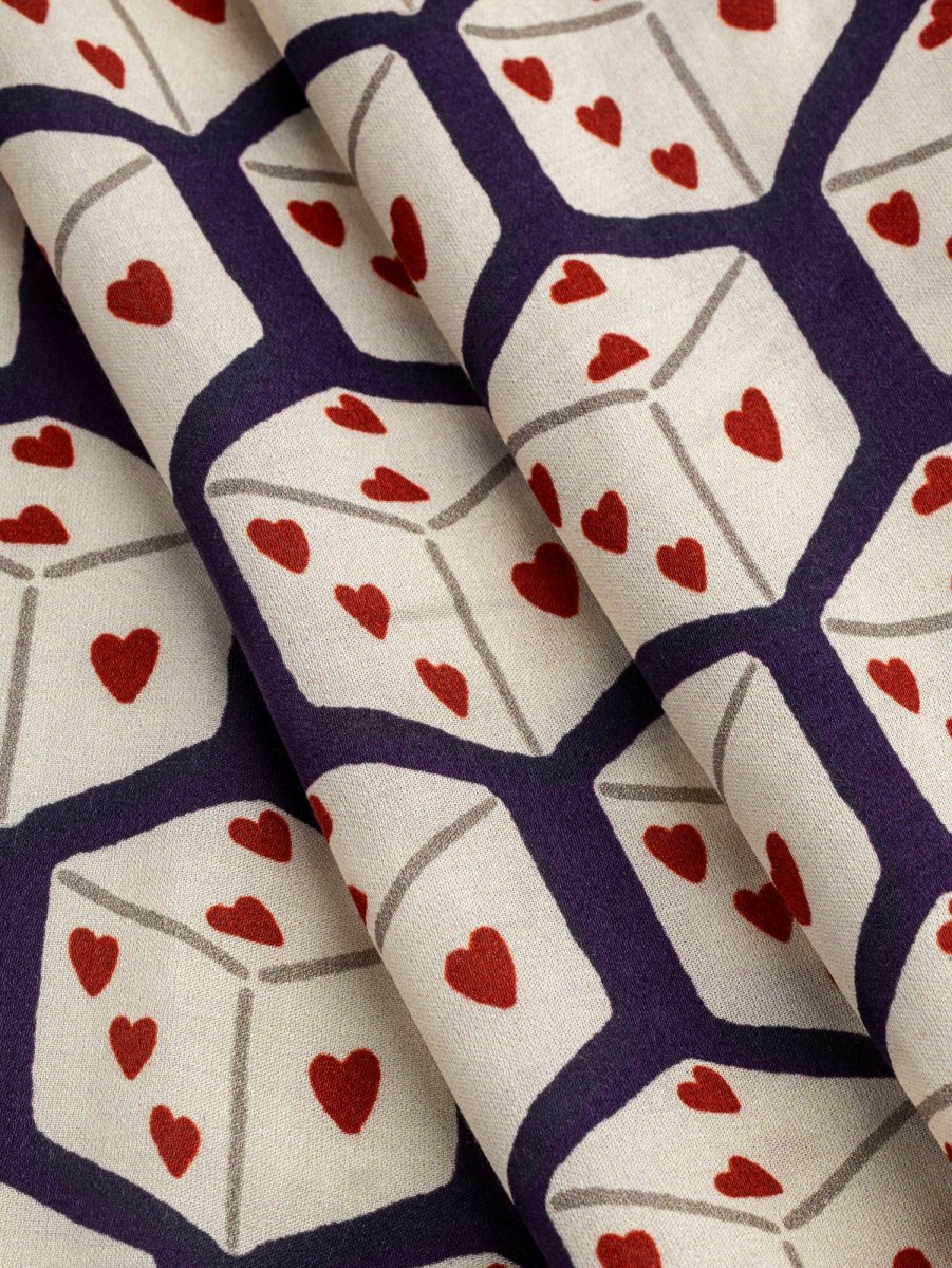 Roll The Dice Print Viscose Silk - Aubergine + Cream + Red - Swatch – Image 4
