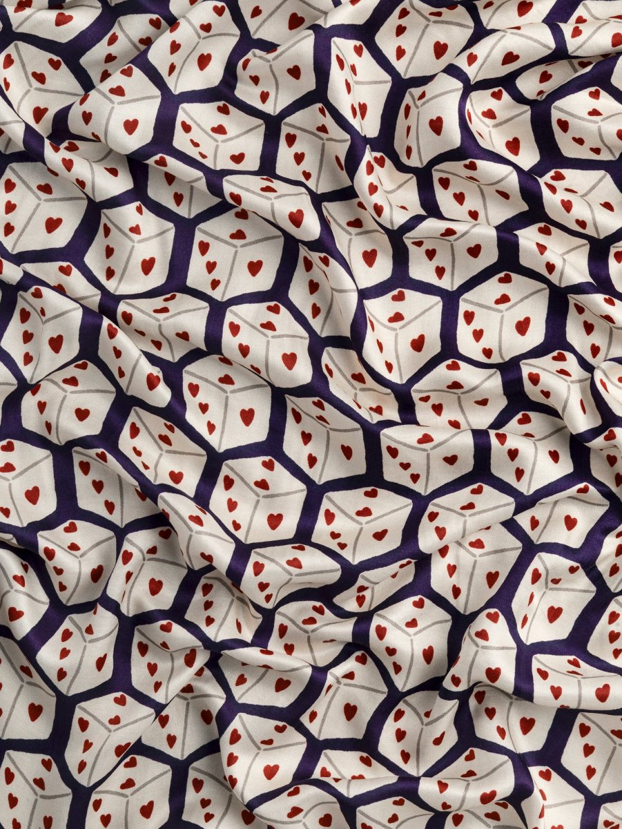 Roll The Dice Print Viscose Silk - Aubergine + Cream + Red - Swatch – Image 3