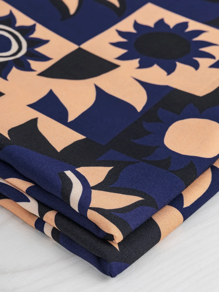 Solar Mosaic Print Ecovero Viscose - Black + Navy + Tan - Swatch – Image 5