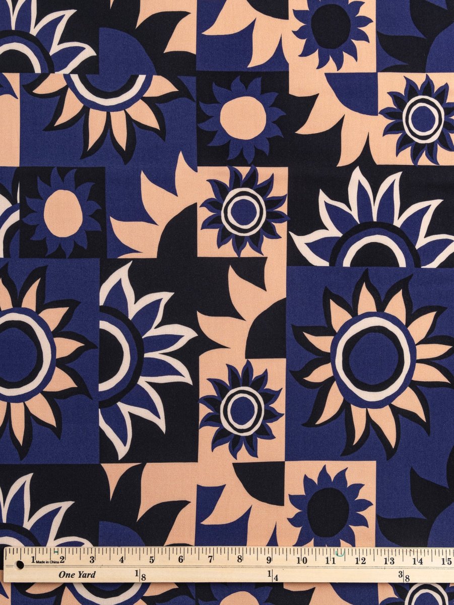Solar Mosaic Print Ecovero Viscose - Black + Navy + Tan - Swatch