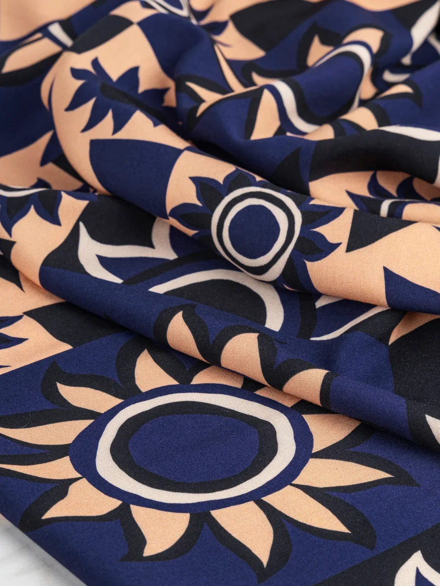 Solar Mosaic Print Ecovero Viscose - Black + Navy + Tan - Swatch – Image 3