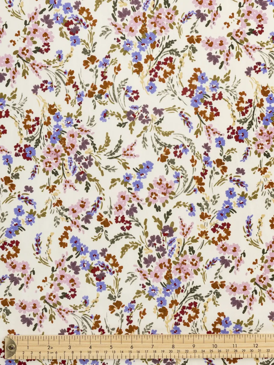 Spring Floral Print BCI Cotton Poplin - Cream + Olive + Periwinkle - Swatch