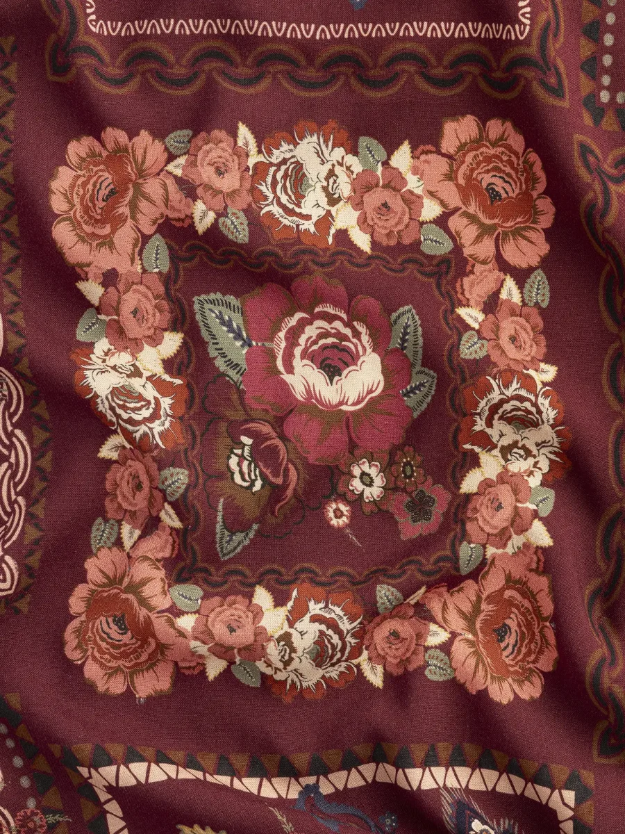 Vintage Floral Tile Ecovero Viscose - Burgundy + Multicolour - Swatch – Image 3