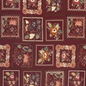 Vintage Floral Tile Ecovero Viscose - Burgundy + Multicolour - Swatch