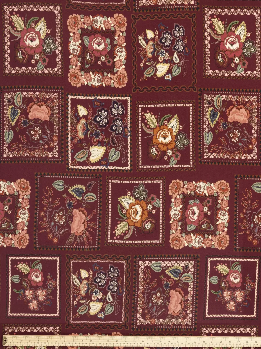 Vintage Floral Tile Ecovero Viscose - Burgundy + Multicolour - Swatch