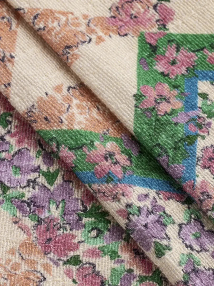 Vintage Flower Quilt Print Cotton - Beige + Peach + Green + Pink - Swatch – Image 4