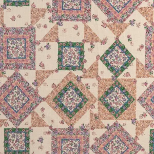 Vintage Flower Quilt Print Cotton - Beige + Peach + Green + Pink - Swatch
