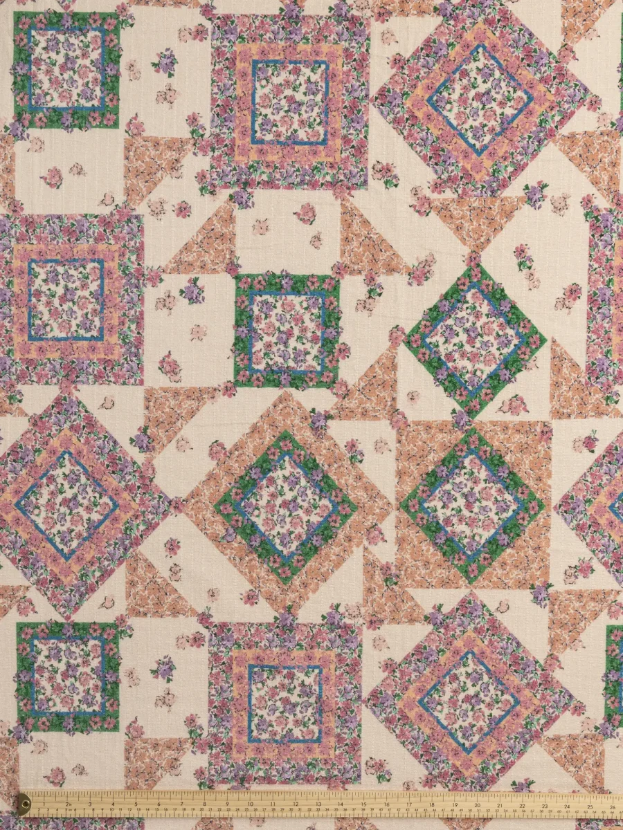Vintage Flower Quilt Print Cotton - Beige + Peach + Green + Pink - Swatch
