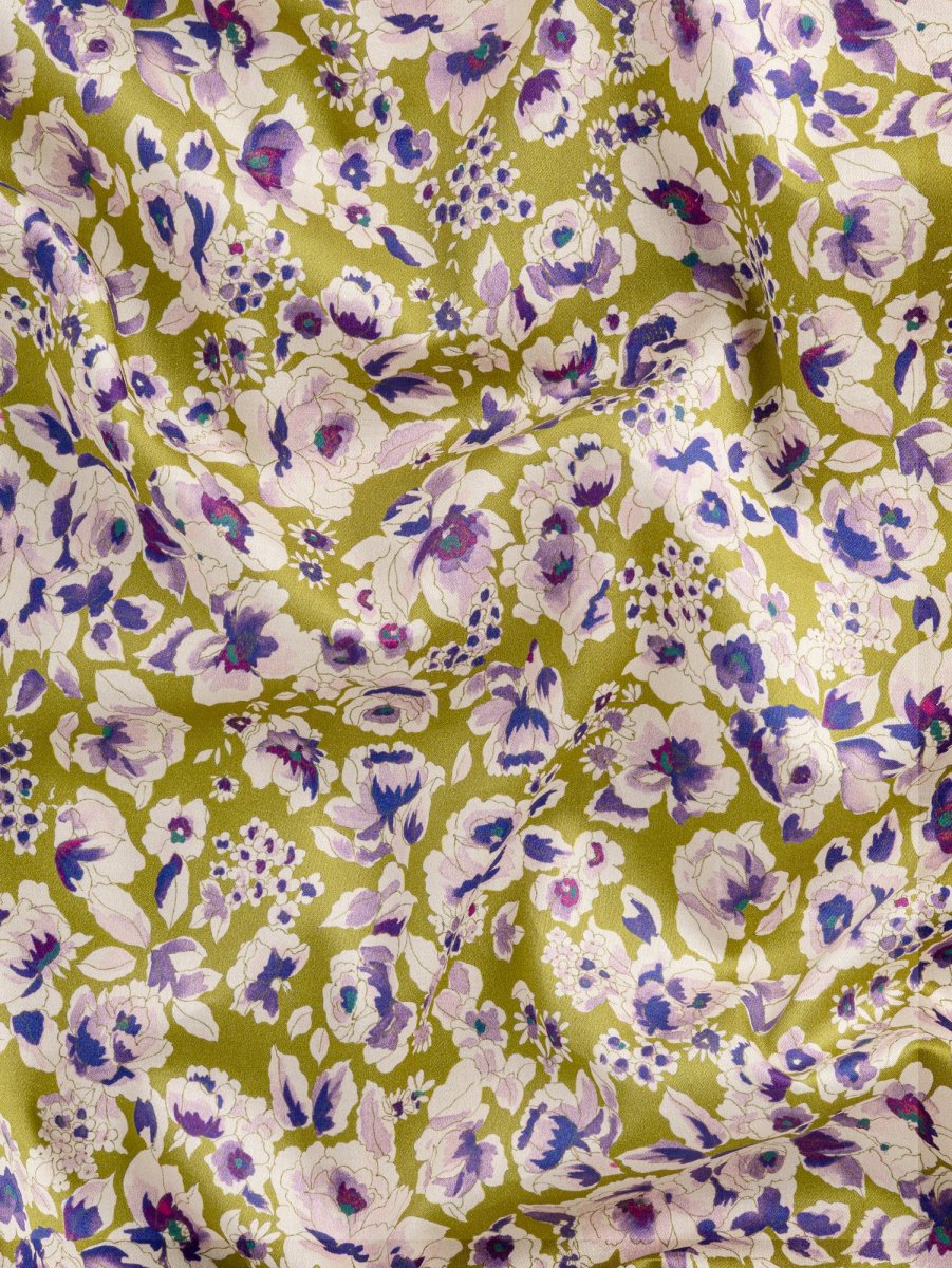Watercolour Floral Print Cotton Sateen - Olive + Purple + Cream