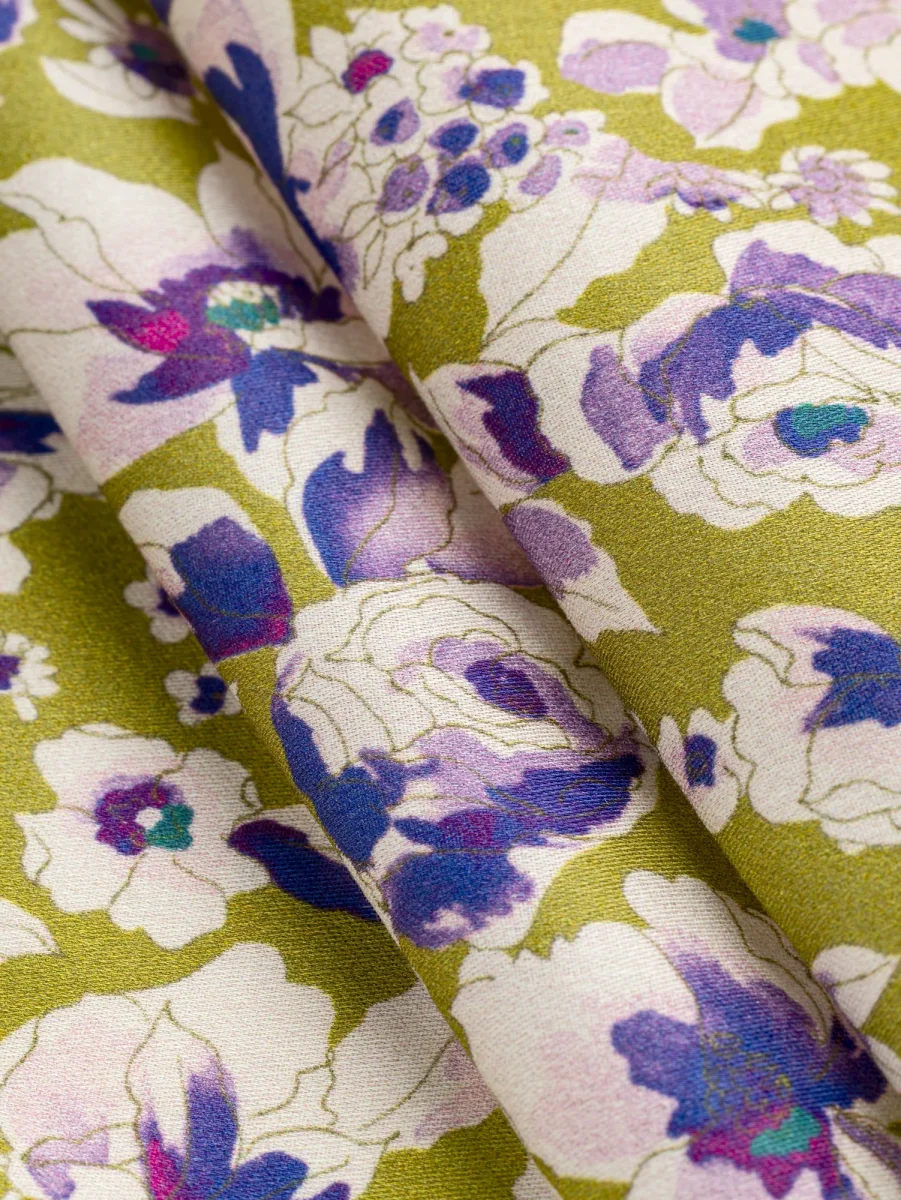 Watercolour Floral Print Cotton Sateen - Olive + Purple + Cream – Image 3