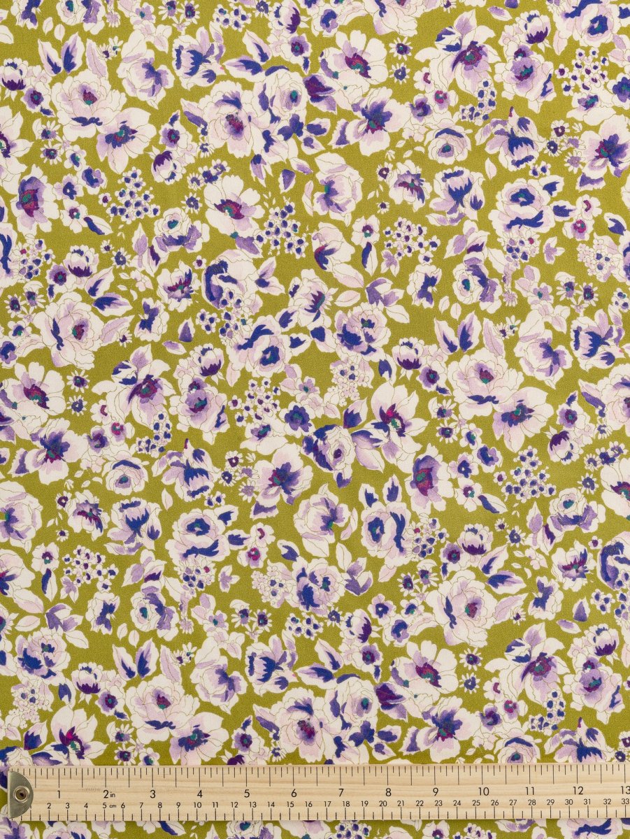 Watercolour Floral Print Cotton Sateen - Olive + Purple + Cream – Image 4
