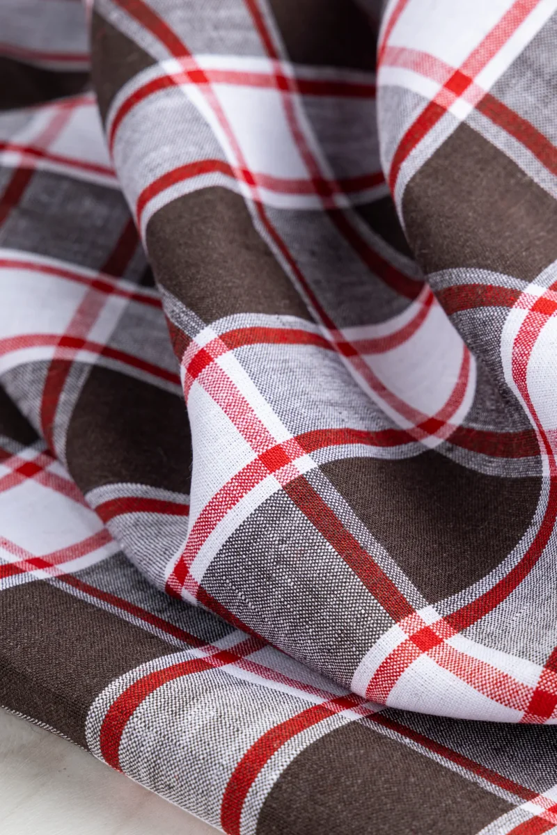 Yarn Dyed Plaid Irish Linen Suiting Deadstock - Brown + Red + White - Swatch – Image 4