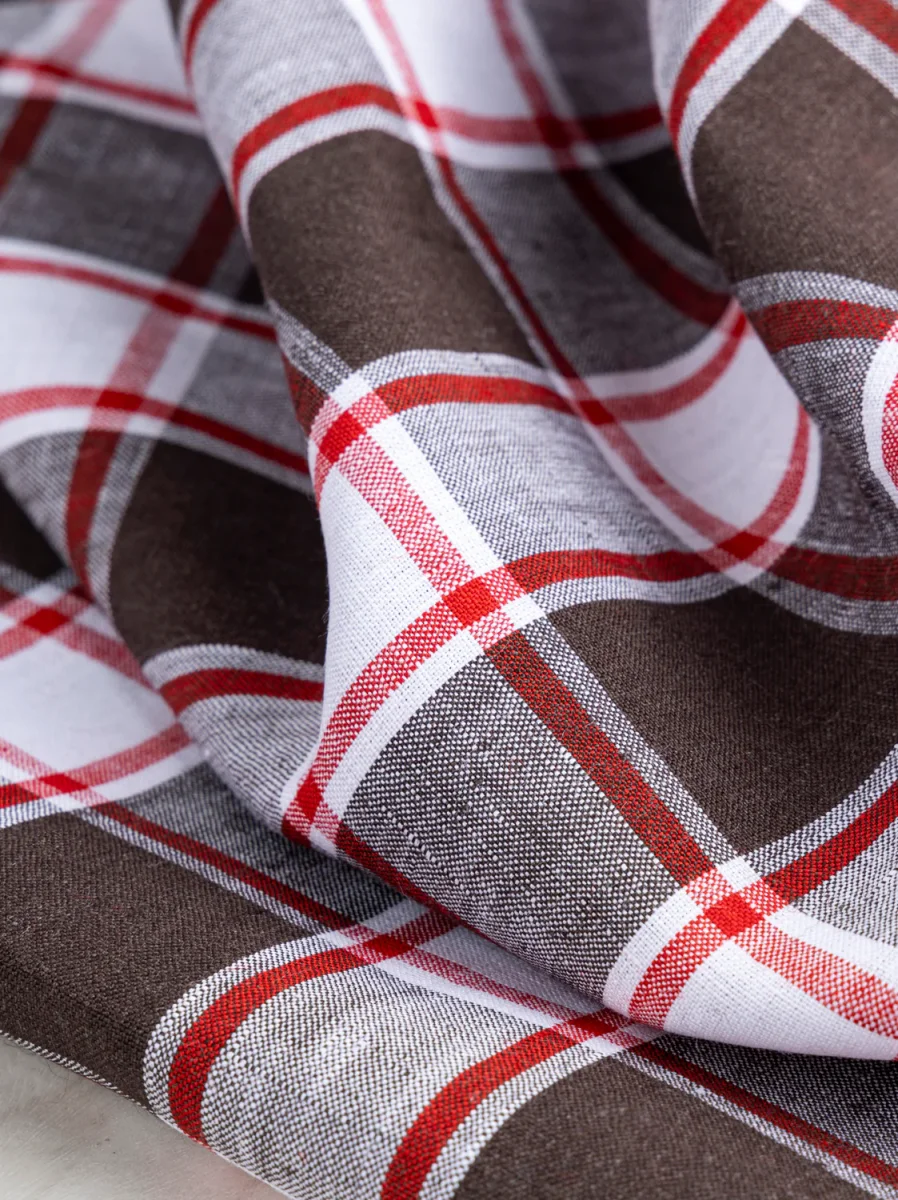 Yarn Dyed Plaid Irish Linen Suiting Deadstock - Brown + Red + White – Image 4