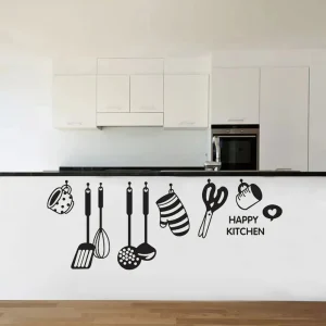 Sticker Cuisine avec des Ustensiles et Inscription Happy Kitchen