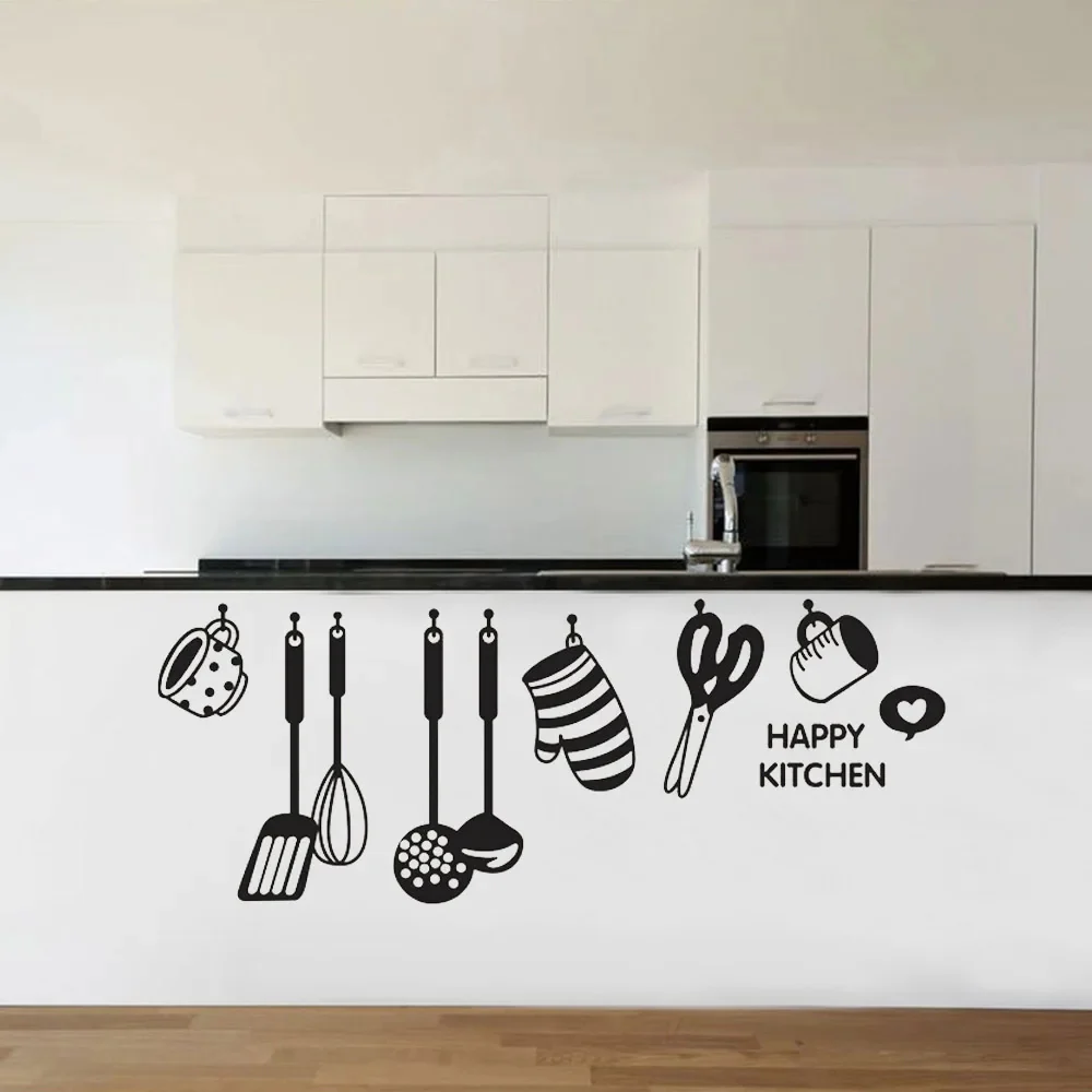 Sticker Cuisine avec des Ustensiles et Inscription Happy Kitchen