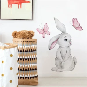 Sticker Mural Chambre avec un Lapin et Deux Papillons