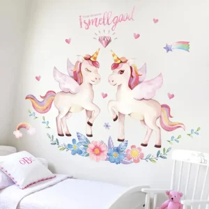 Sticker Mural Chambre avec des Licornes des Fleurs et des Cœurs