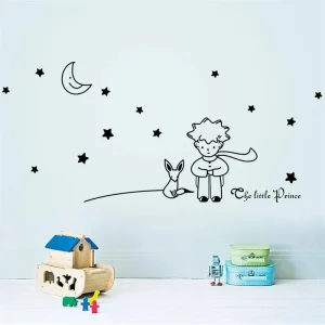 Sticker Mural Chambre avec un Petit Prince et un Renard sous la Lune avec des Étoiles