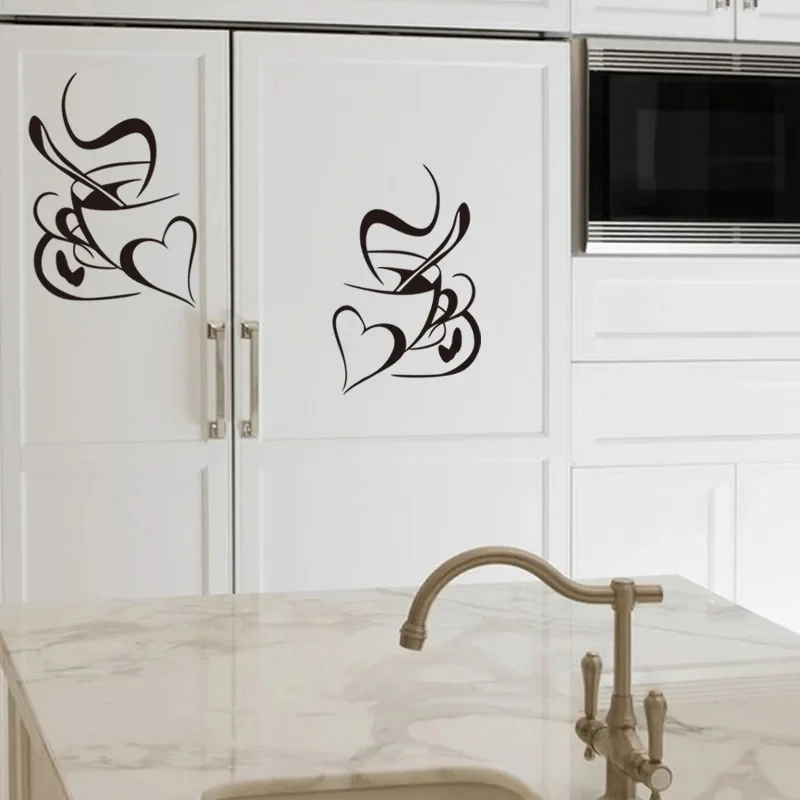 Sticker Mural Salon avec Deux Tasses à Café et Deux Cœurs – Image 3